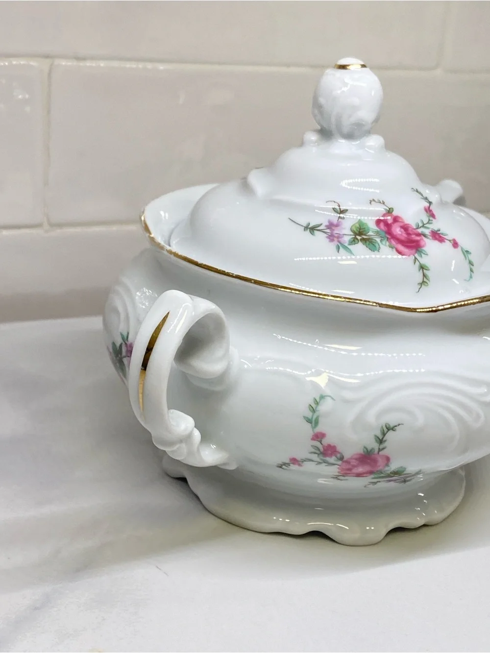 Vintage 1900 Poland Kent Covered Sugar Bowl Tea Pot Pink Rose & Gold Trim Patter